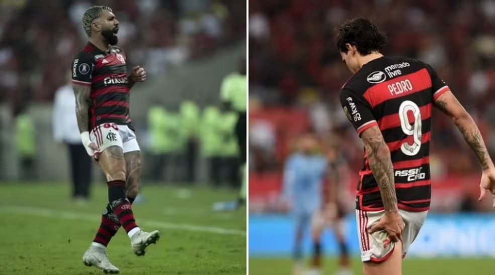 Pedro e Gabigol sentem em jogo do Flamengo contra o Bolívar, pela Libertadores — Foto: AGIF e Alexandre Durão