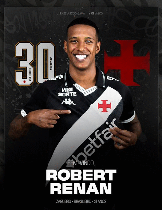 Vasco anuncia Robert Renan e segue no mercado por novo zagueiro