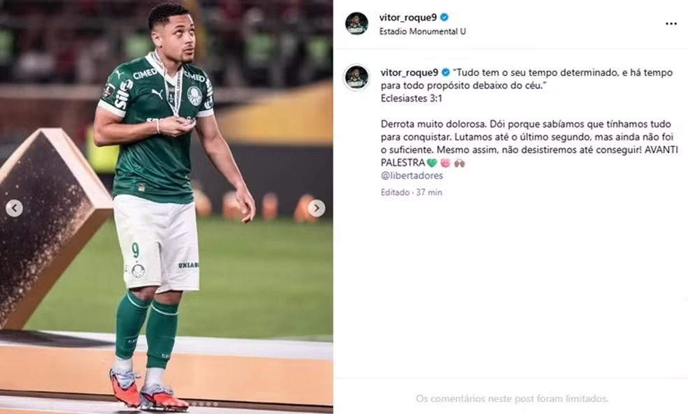 Vitor Roque, do Palmeiras, publica mensagem após final da Libertadores