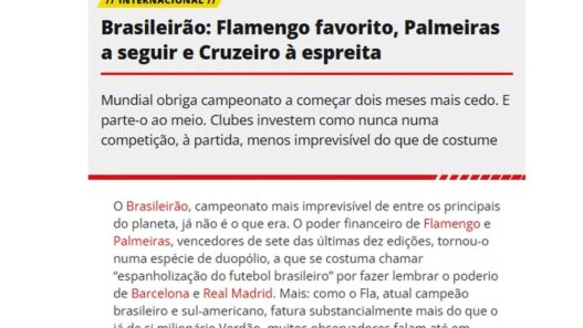 Jornal de Portugal aponta Flamengo favorito ao Brasileirão