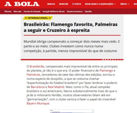 Jornal de Portugal aponta Flamengo favorito ao Brasileirão