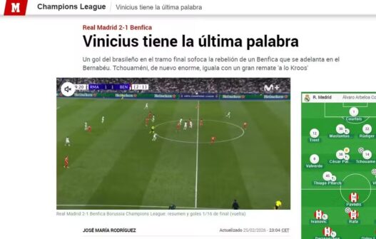 Vini Jr é aplaudido pela imprensa após decidir contra o Benfica:  "Estrela indiscutível do confronto"