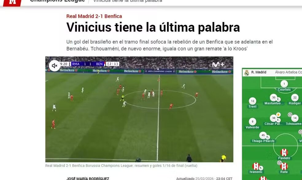 Vini Jr é aplaudido pela imprensa após decidir contra o Benfica:  "Estrela indiscutível do confronto"