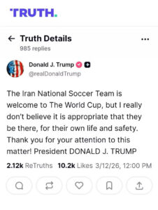 Trump, presidente dos Estados Unidos, aconselha o Irã a não ir ao Mundial por questões de segurança