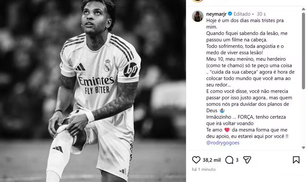 Neymar e Vini mandam mensagens de apoio para Rodrygo após contusão que o deixará fora da Copa