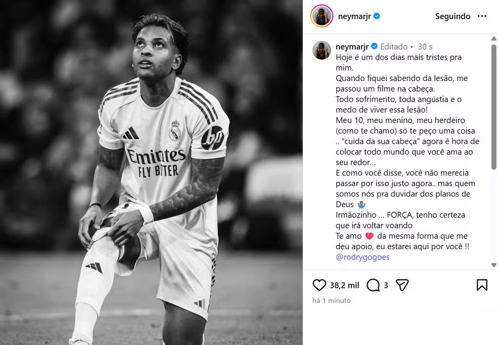 Neymar e Vini mandam mensagens de apoio para Rodrygo após contusão que o deixará fora da Copa