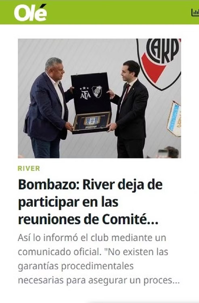 River faz retirada de comitê e rompe com federação após mudança em regra de classificação à Libertadores e Sul-Americana