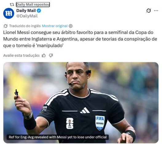 Imprensa da Inglaterra ironiza árbitro da semifinal: "Messi consegue o seu favorito"