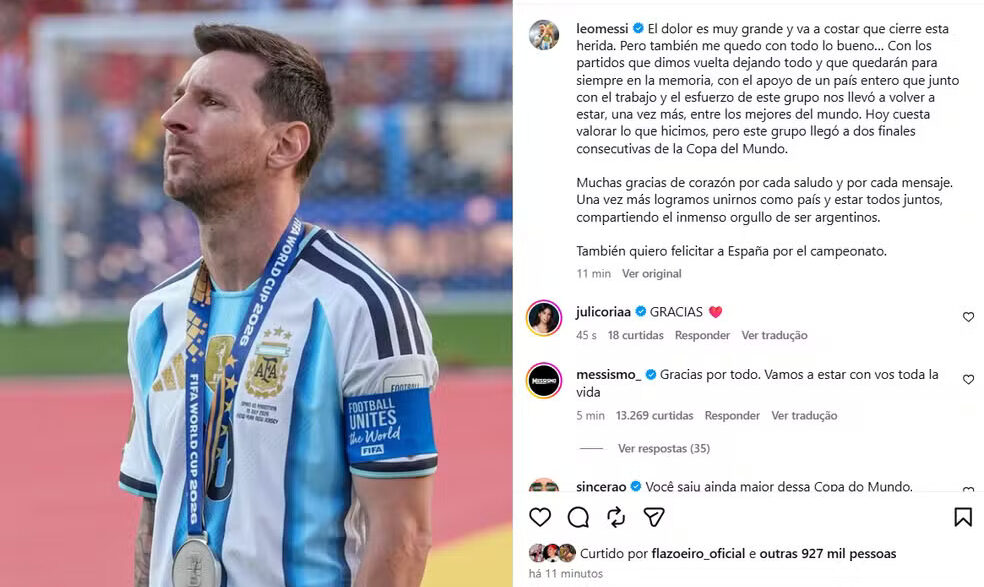 Messi lamenta derrota da Argentina e agradece apoio dos torcedores